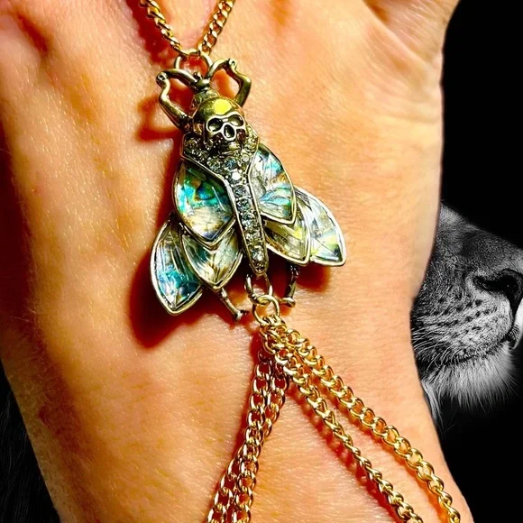 Gold & Abalone Iridescent  Skull Moth Statement Hand Chain - Picture 4 of 14